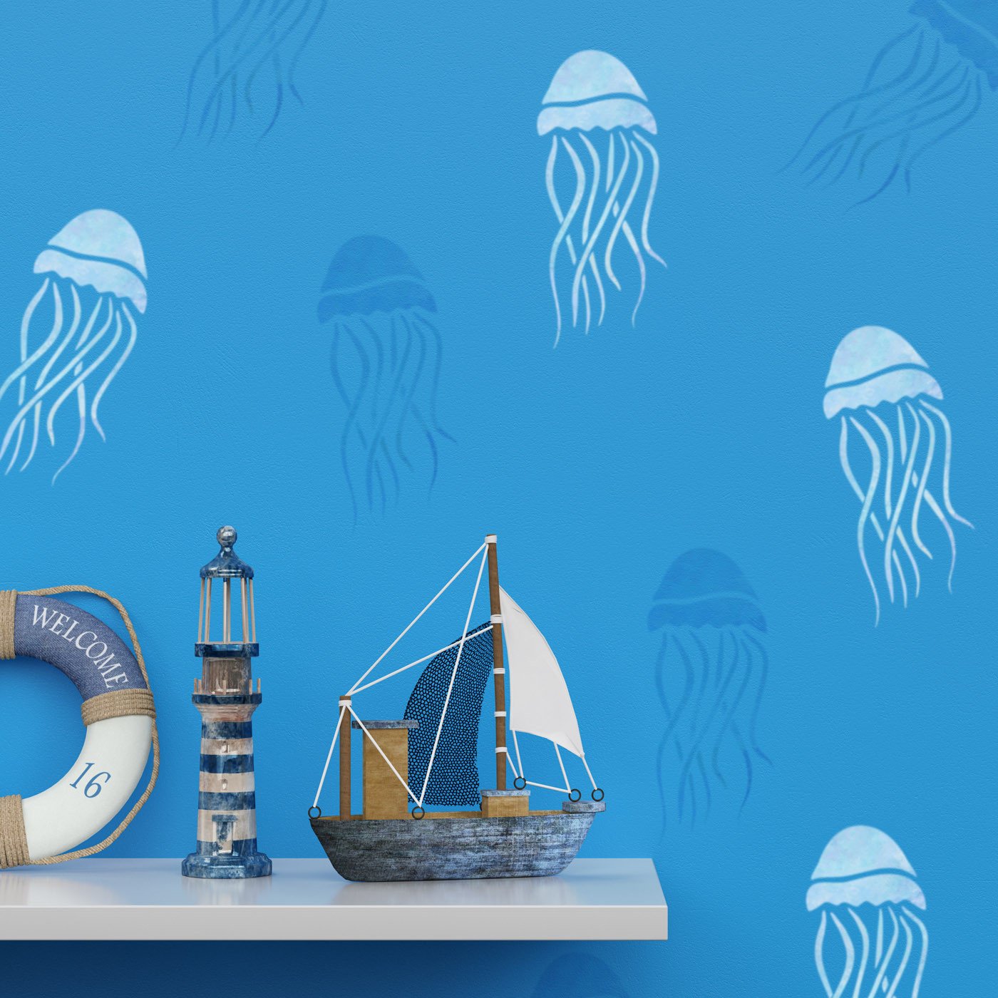 Craftstar Jellyfish Stencils on Bathroom Wall