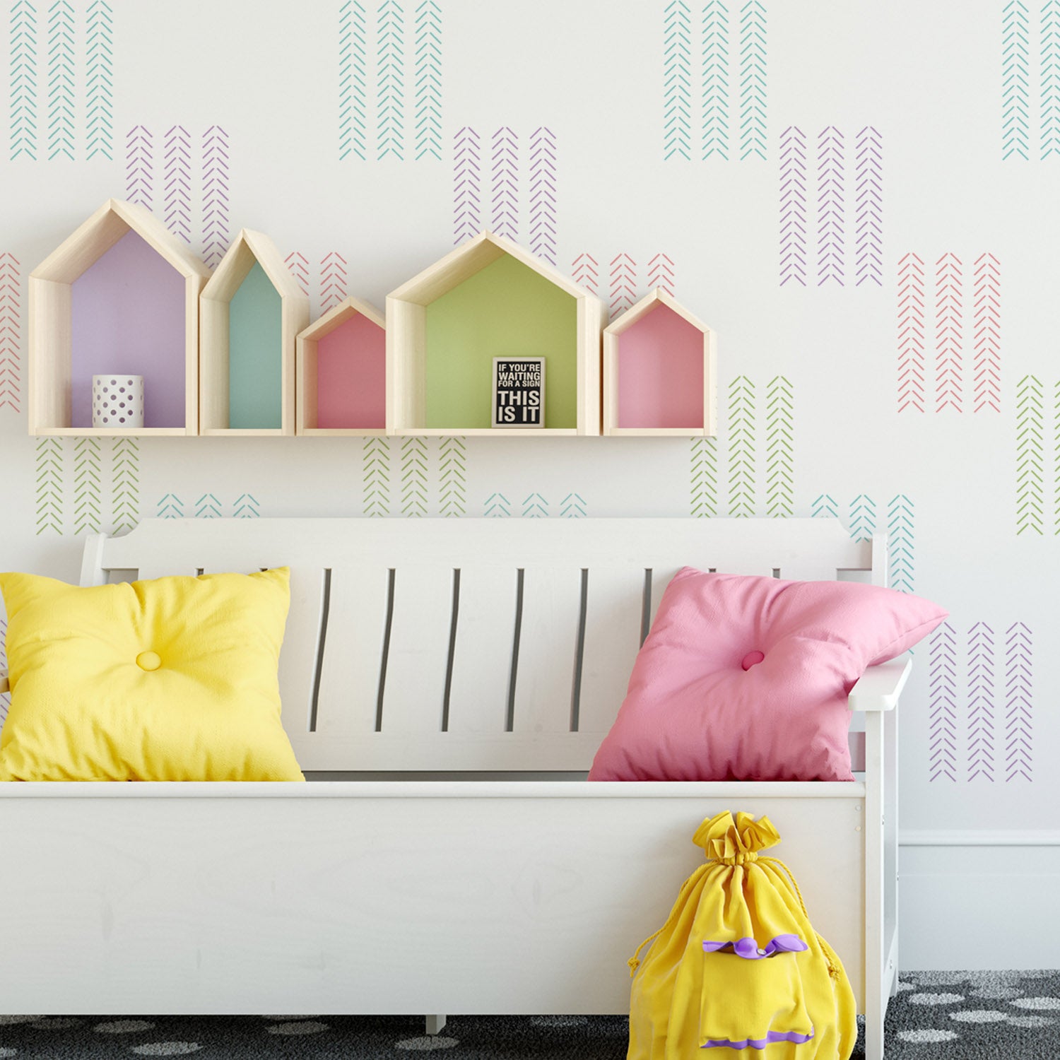 CraftStar Hand Drawn Chevron Arrows Stencil on Wall in Pastel Colours