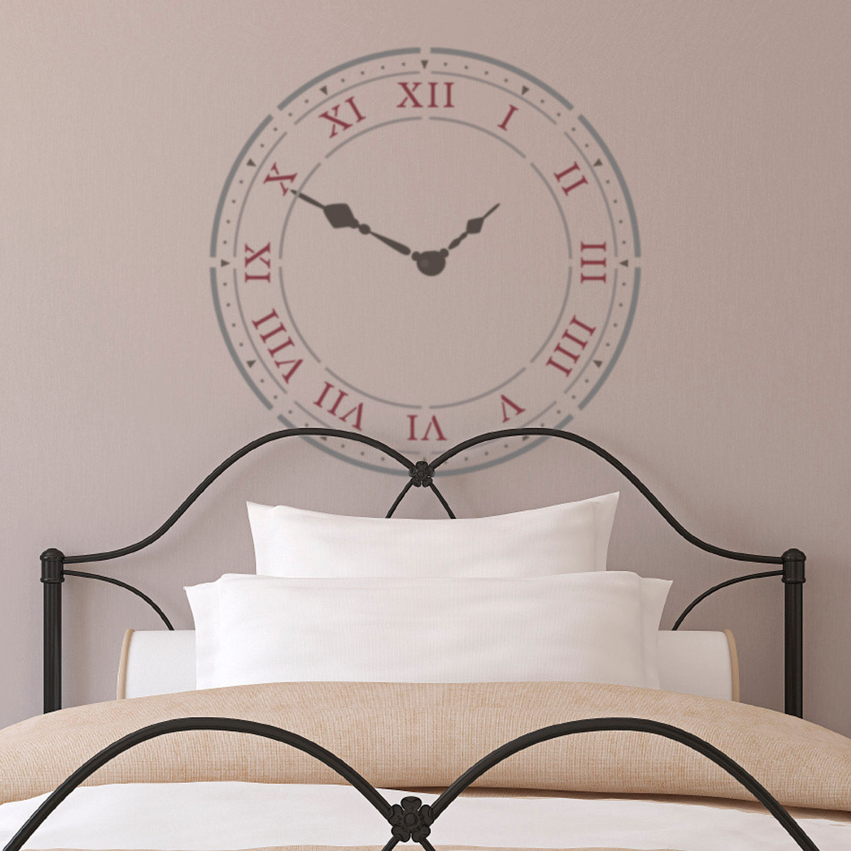 CraftStar Roman Numeral Clock Stencil Above Bed