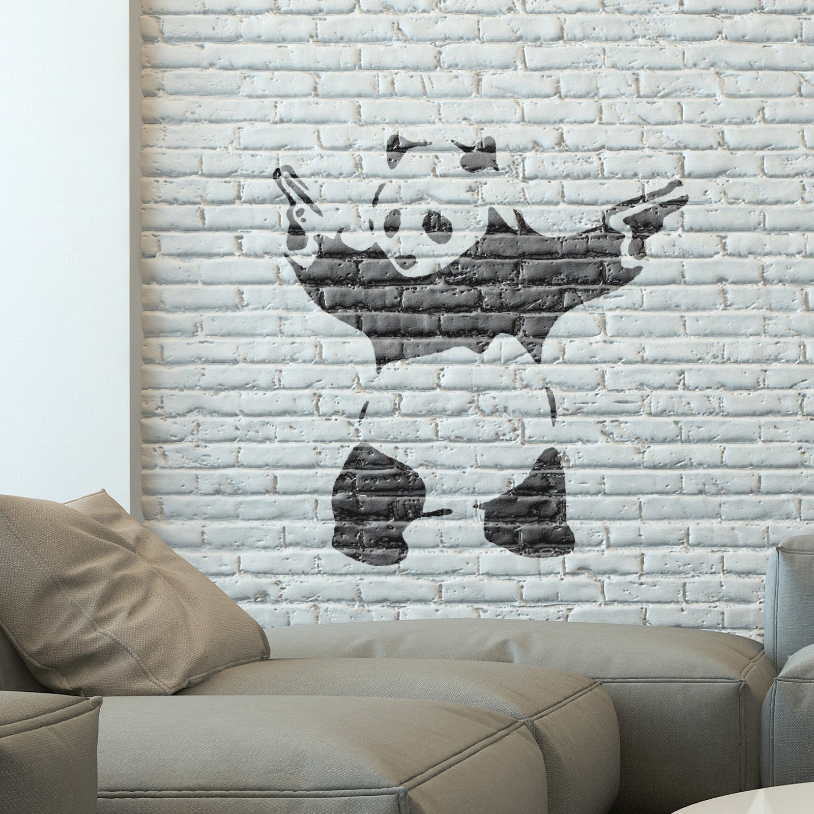Banksy Panda Wall Stencil on Painted Brick Wall