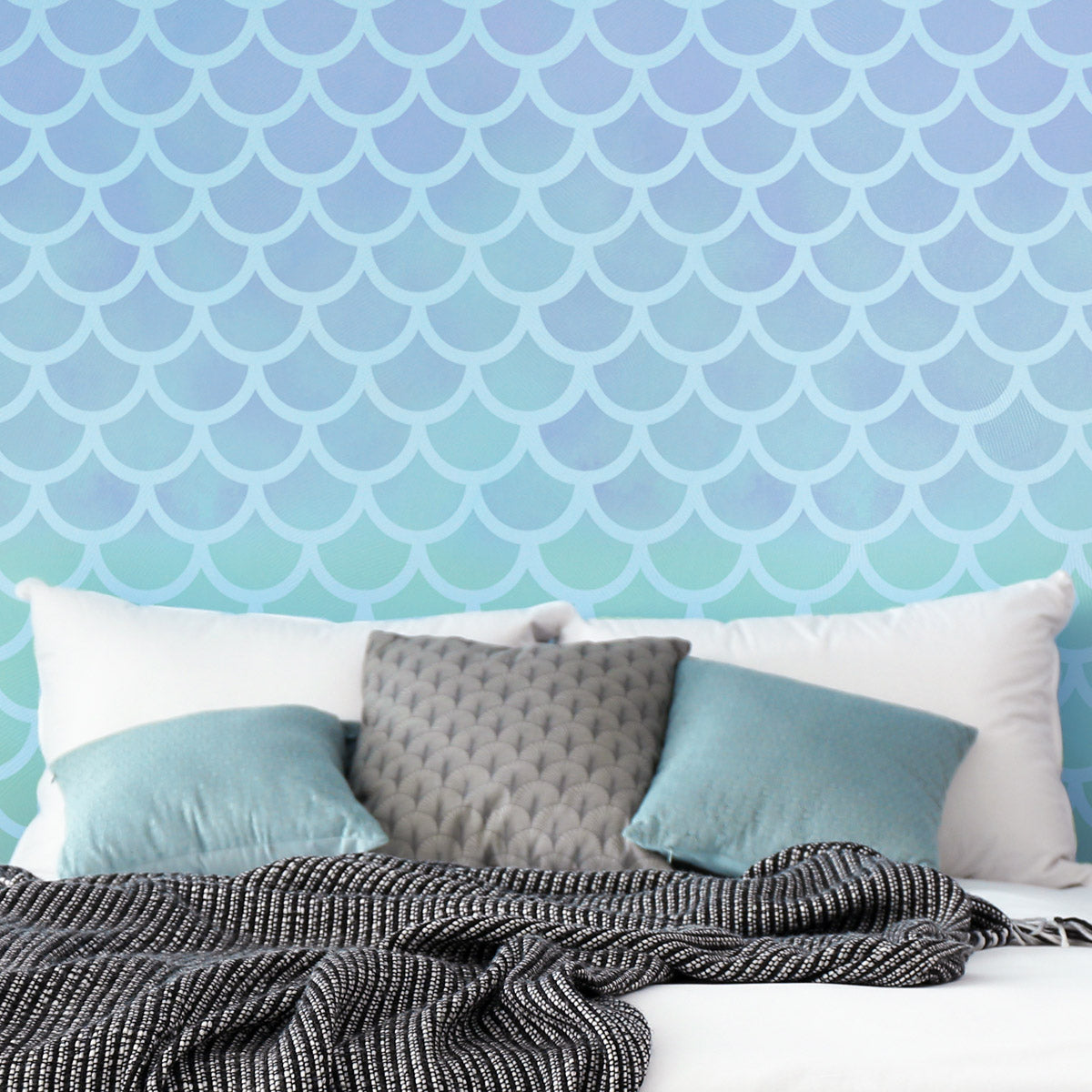 CraftStar Large Mermaid Scales Pattern Stencil on bedroom wall