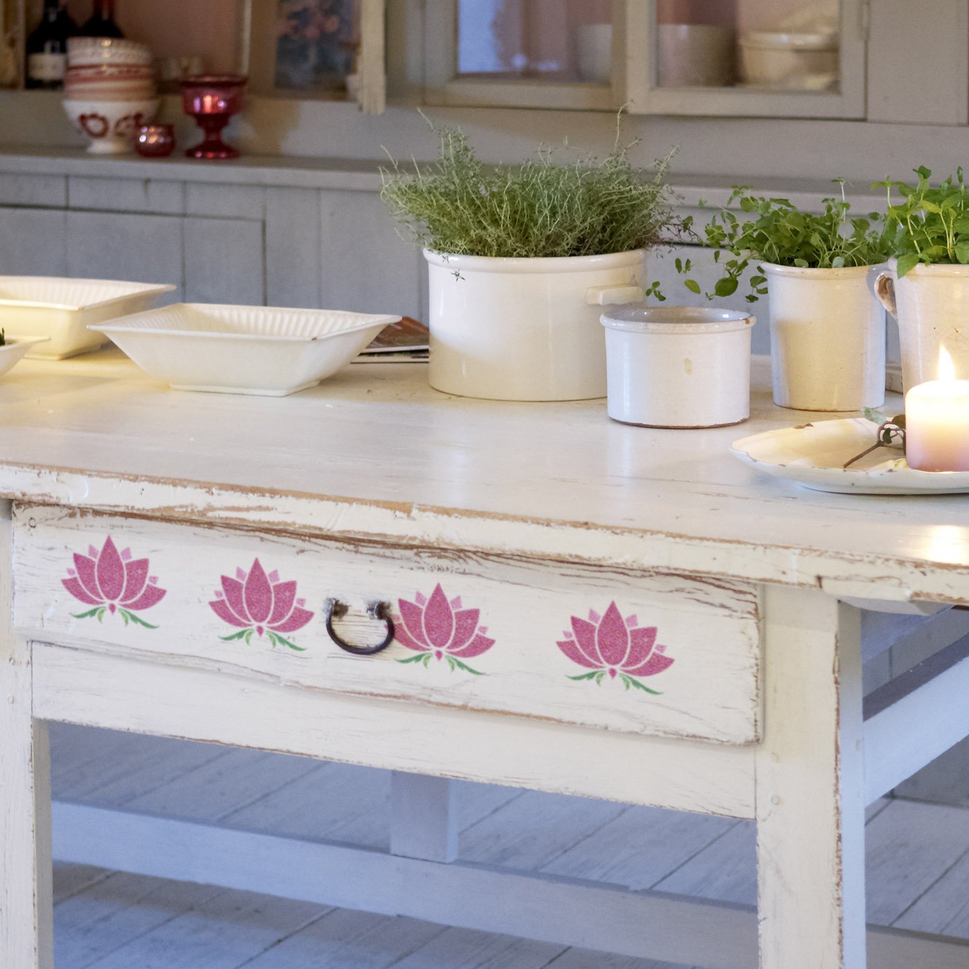 CraftStar Small Lotus Flower Stencil on furniture