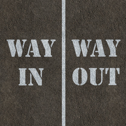 Way in and way Out stencil set painted on asphalt