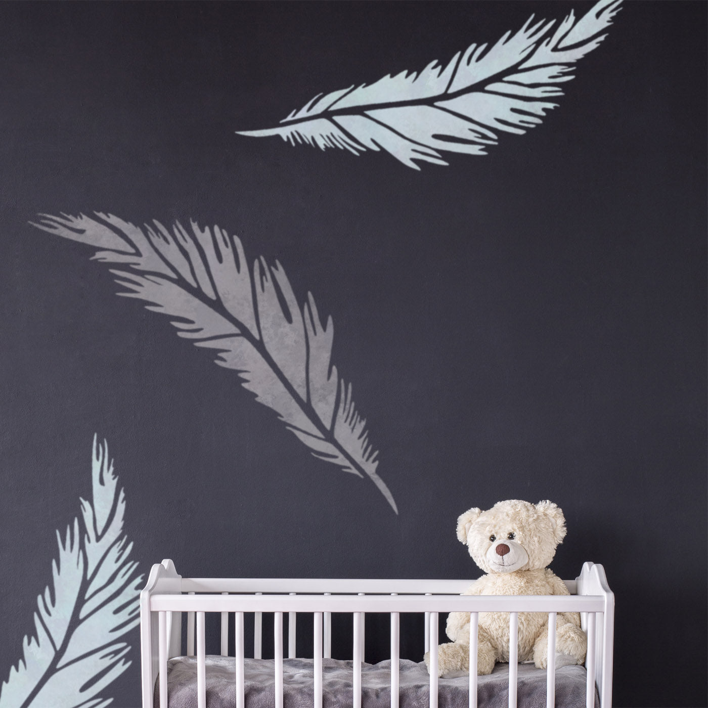 CraftStar Feather Stencil on Nursery Wall