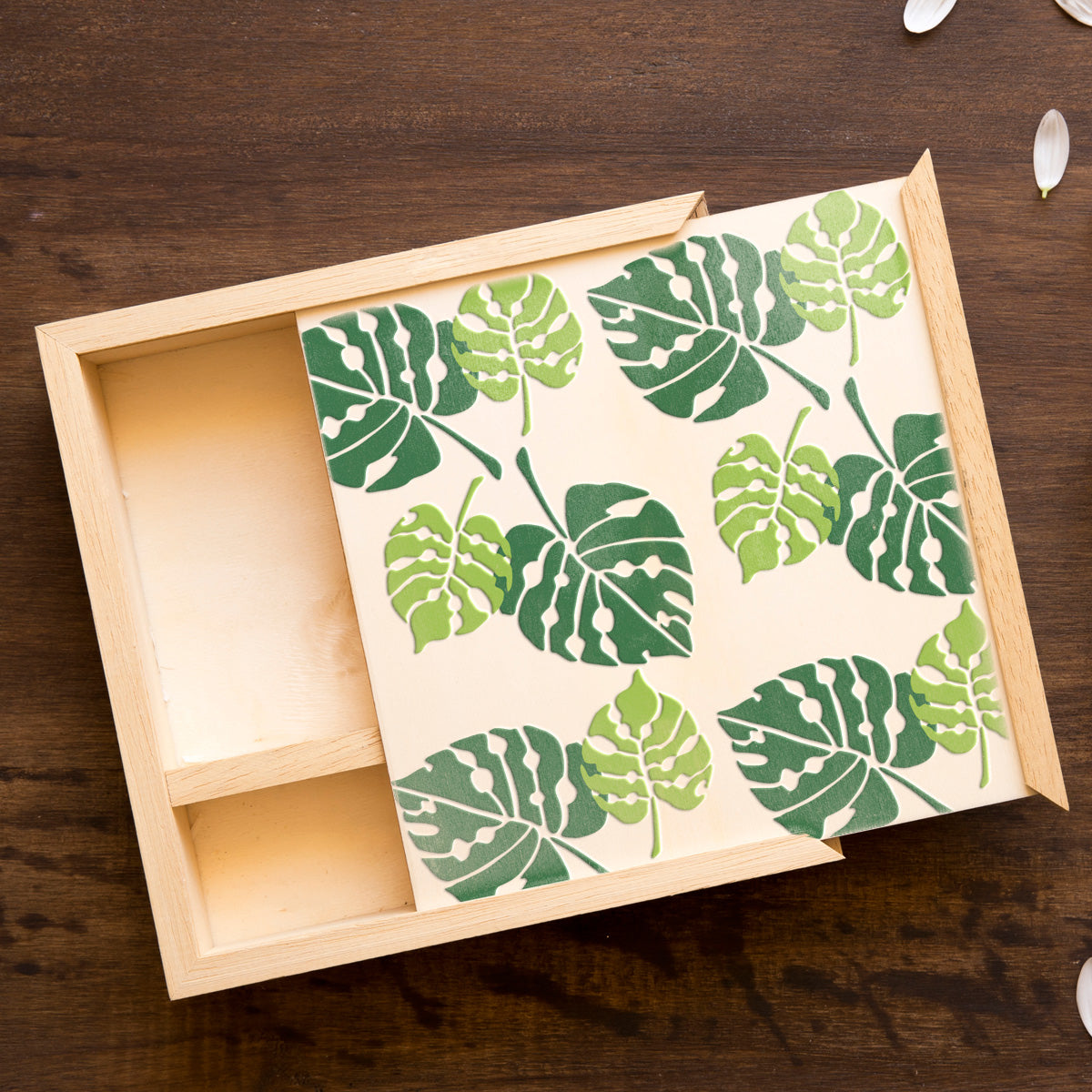 CraftStar Monstera Leaf Stencil Set on Wooden Box