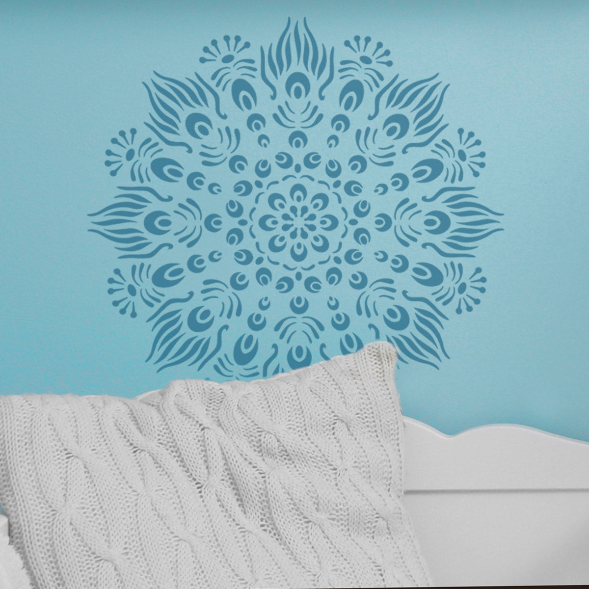 CraftStar Peacock Mandala Stencil on nursery wall