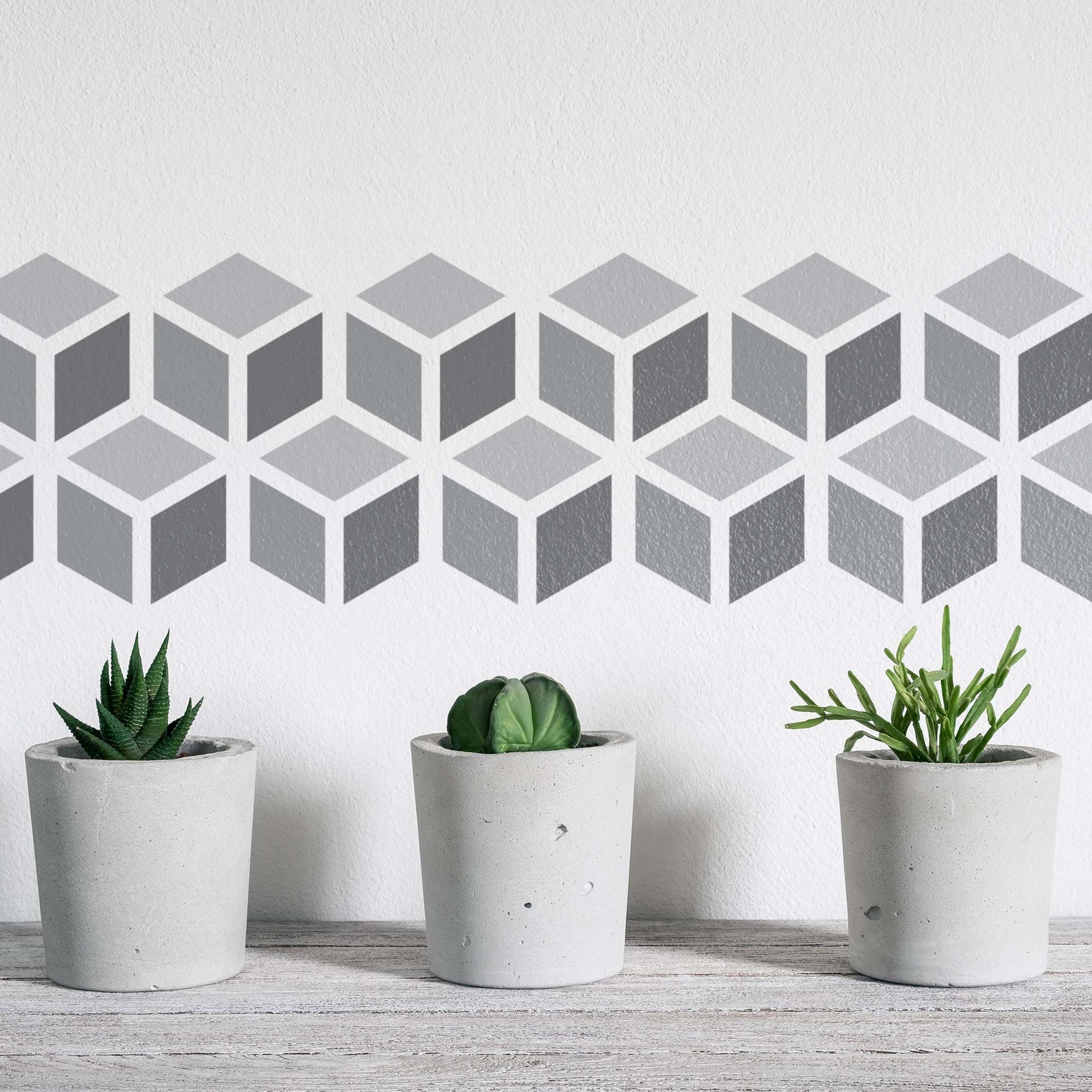 CraftStar Cube Pattern Border Stencil Painted in Greys