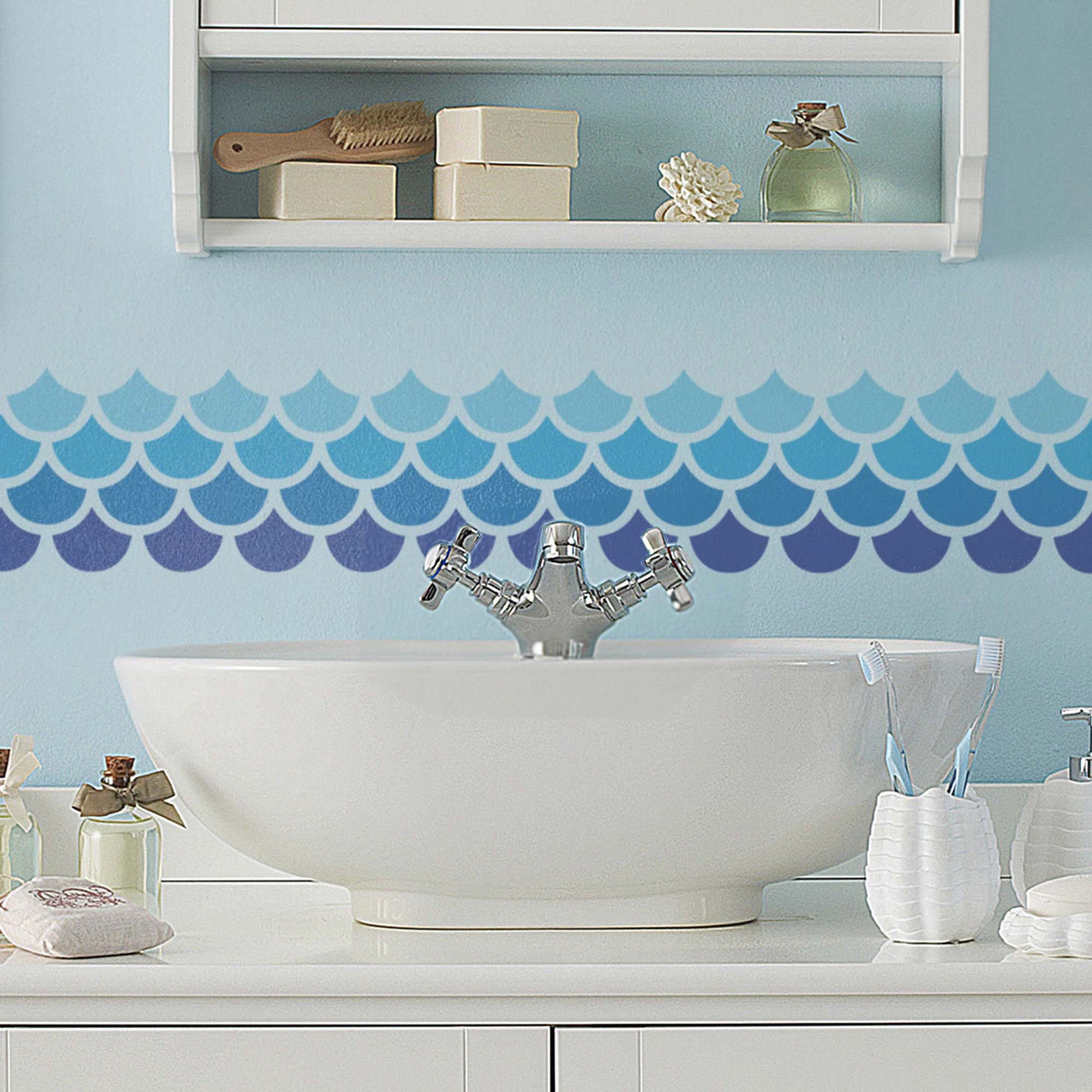 CraftStar Mermaid Scales Border Stencil Painted Over Sink