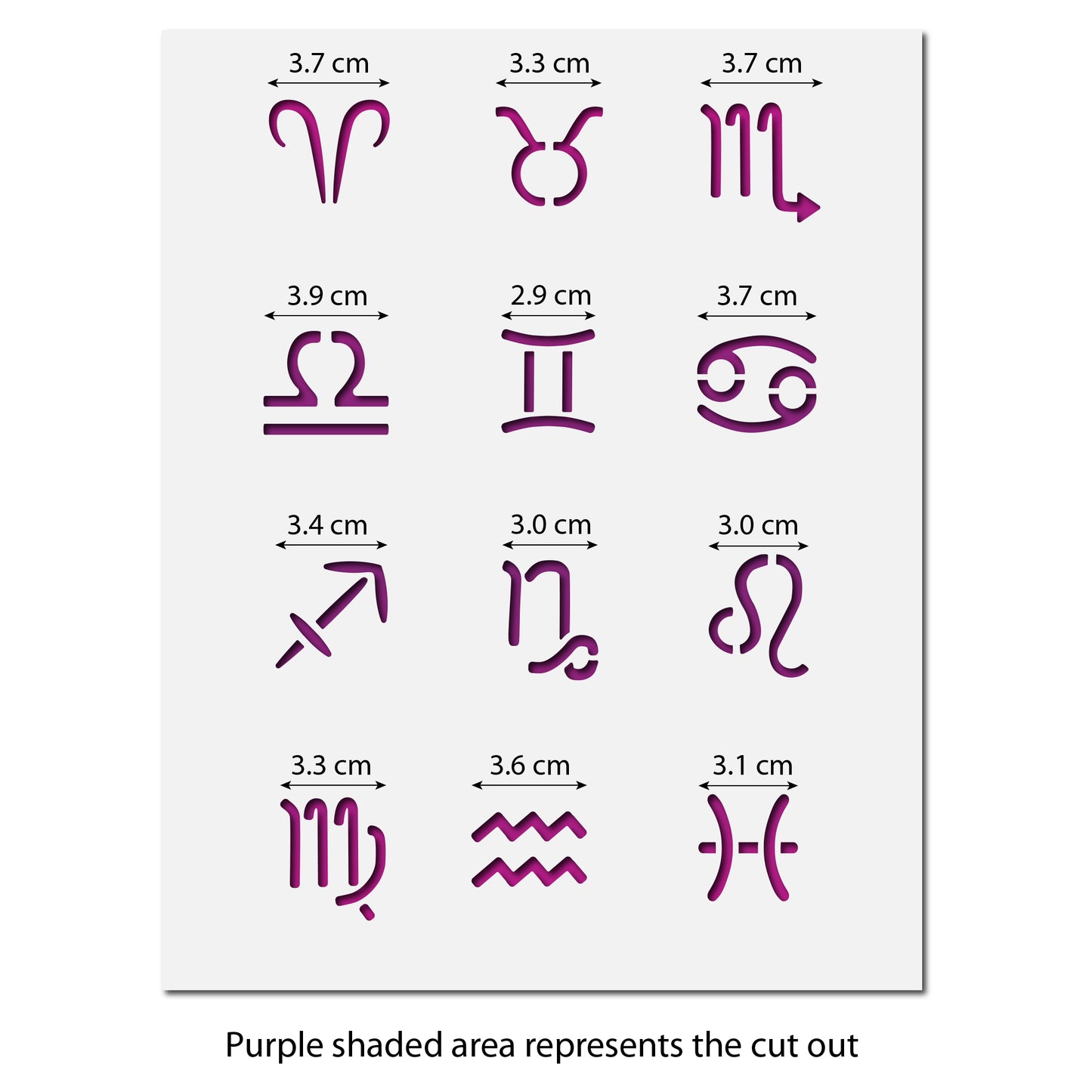 CraftStar 12 Zodiac symbols stencil set size guide