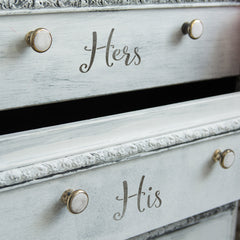 CraftStar His Hers Script Font Stencils on Chest of Drawers