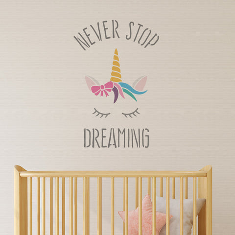CraftStar Never Stop Dreaming Unicorn Stencil on Nursery Wall