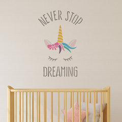 CraftStar Never Stop Dreaming Unicorn Stencil on Nursery Wall
