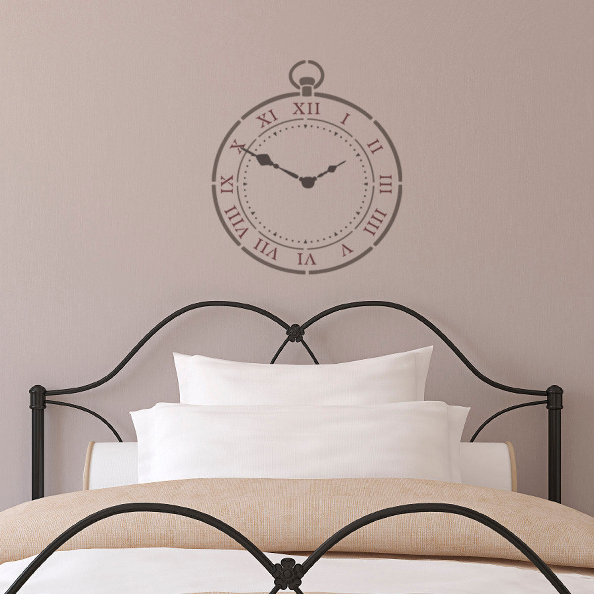 Vintage Pocket Watch Stencil on Bedroom Wall
