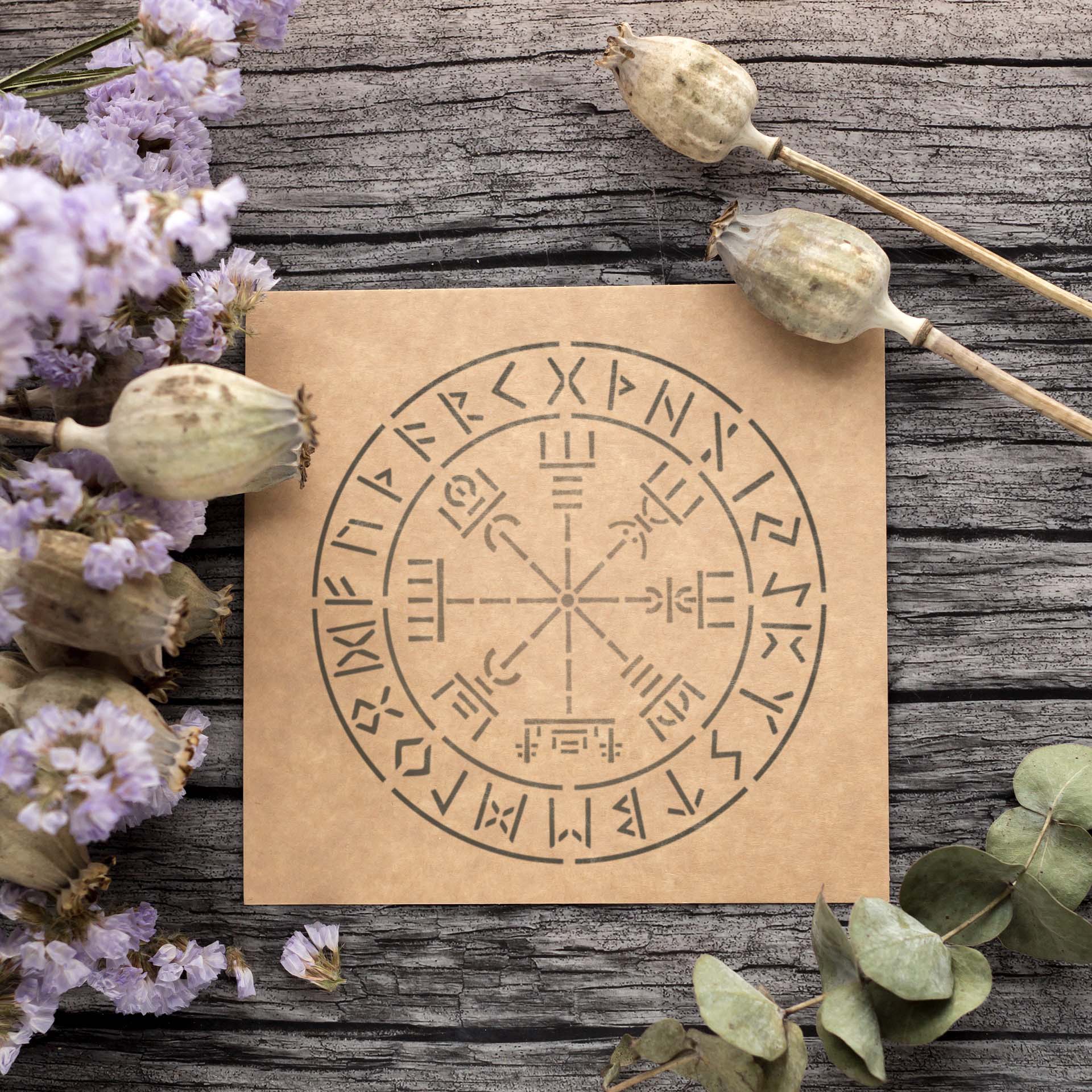 Craftstar Vegvisir Craft Stencil painted on card